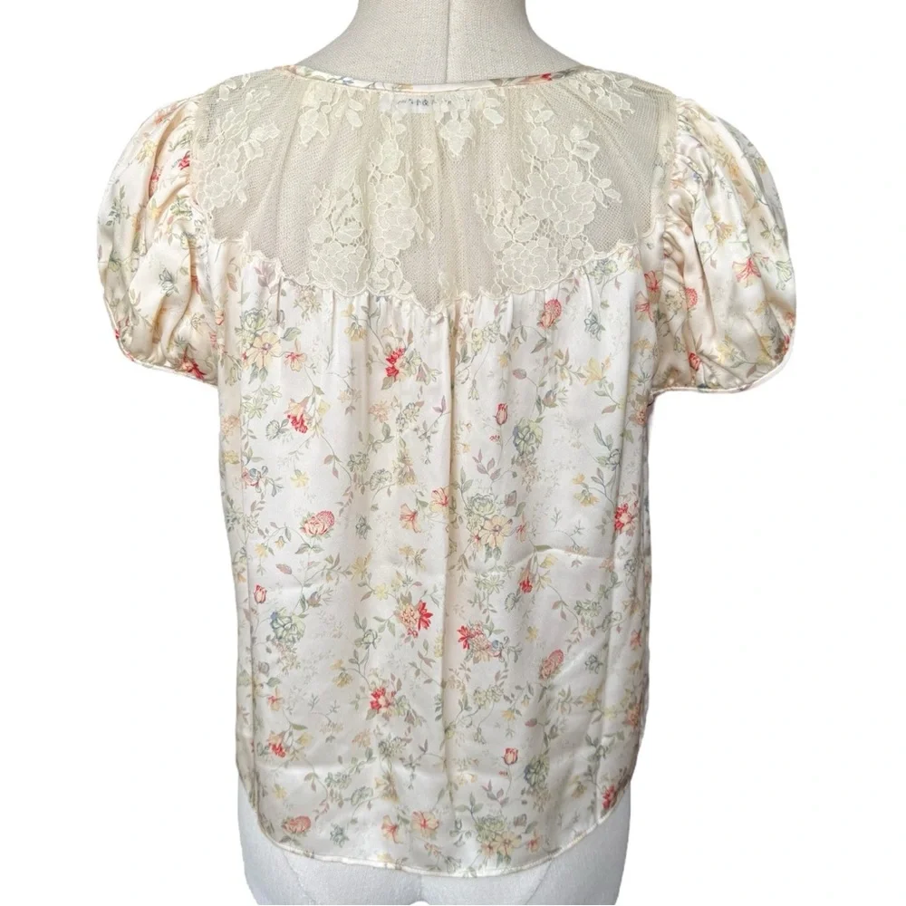 Doen Cream Floral Puff-Sleeve Blouse with Yellow Tie